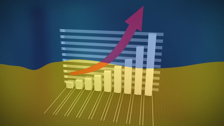 Animazione di grafico e freccia sulla bandiera dell'Ucraina