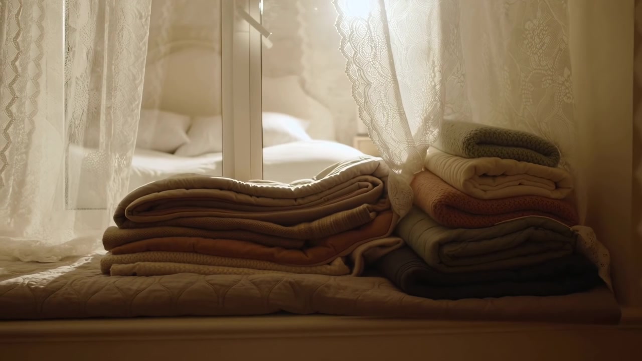 Coperte e biancheria impilate ordinatamente riposano su un letto vicino a delicate tende di pizzo, con una morbida luce solare dorata che inonda un interno di camera da letto tranquillo e accogliente.
