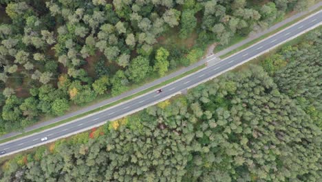 slow aerial spin, camera looking down at a road through a forest, 4k