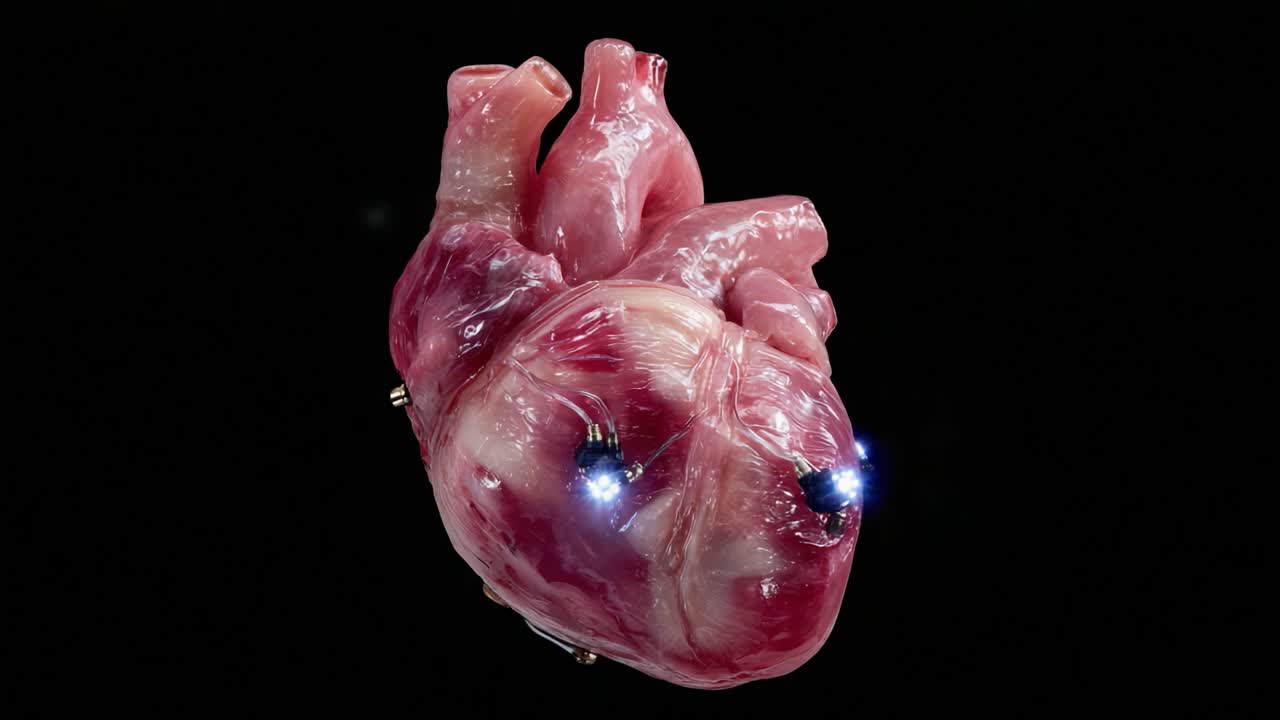 Close-Up Examination of a Human Heart Model with Illuminating Features, Showcasing Anatomical Details and Impressive Realism in a Dark Background