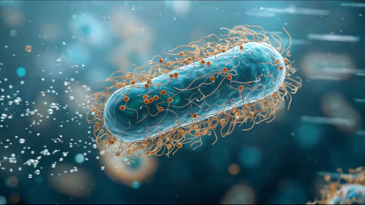 Cellula batterica dettagliata sospesa in un ambiente microscopico blu in un filmato dettagliato.