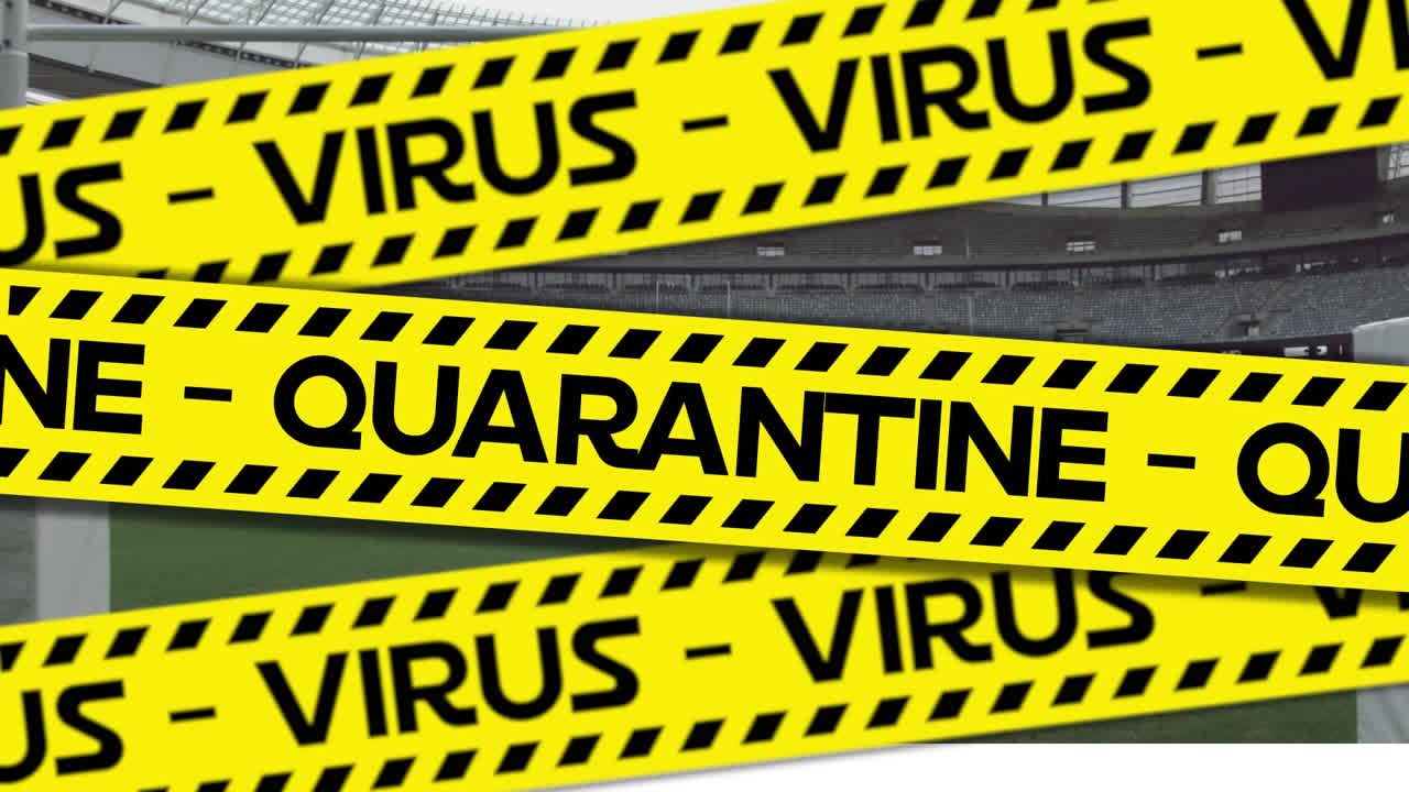 빈 럭비 경기장 위에 바이러스 격리라는 단어가 적힌 검은색과 노란색 테이프의 애니메이션