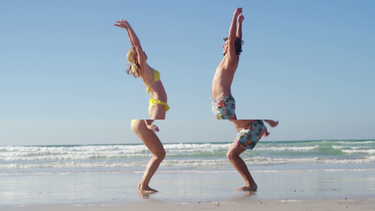 해변 에서 함께 즐거움을 즐기는 부부