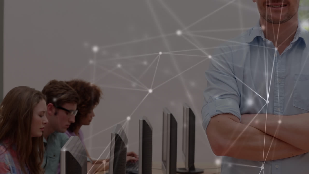 Animation of data and connections over diverse male teacher and students with computers