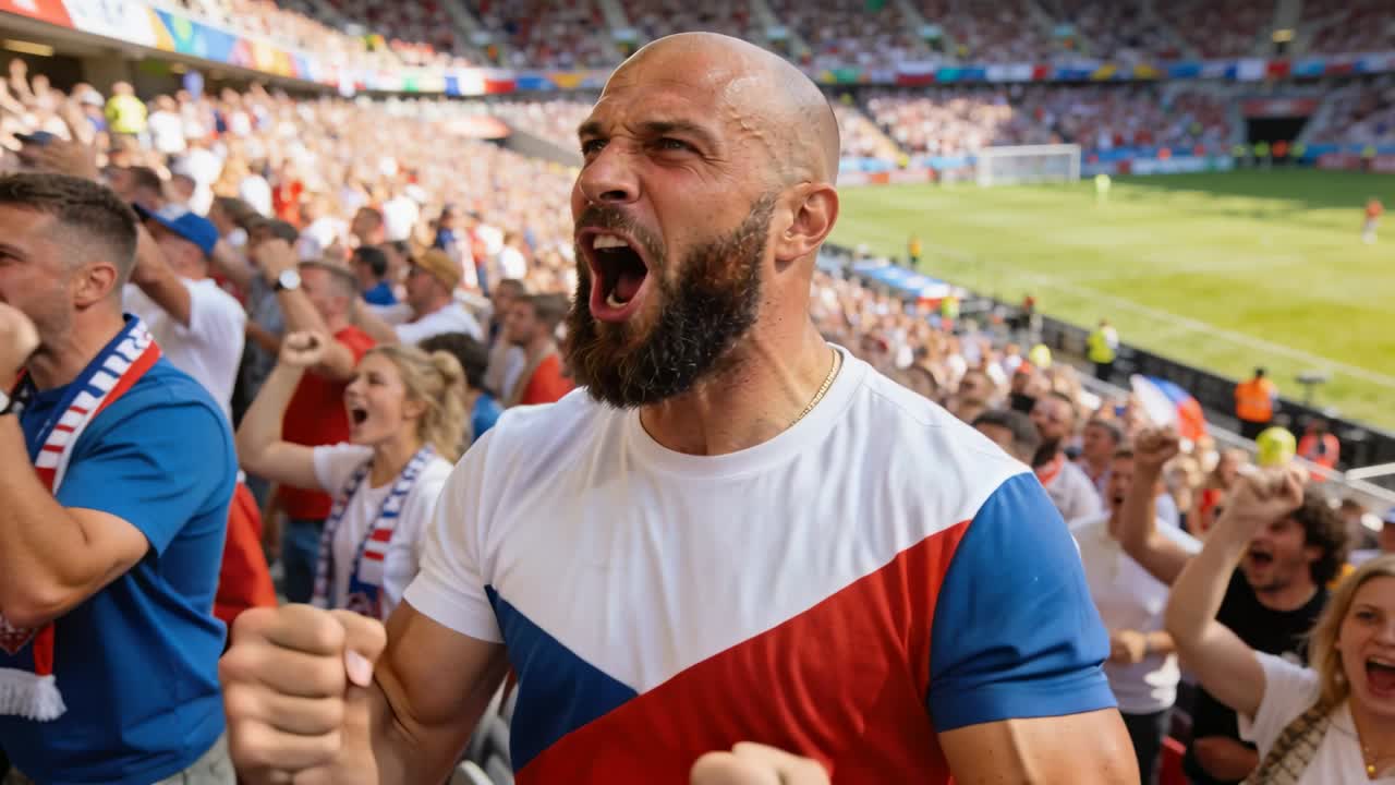 Reaccionando a una jugada tensa, aficionado calvo levantando los puños, gritando, mirando en la grada, vistiendo una camiseta estampada.