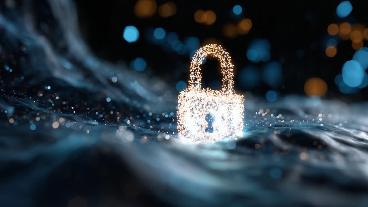 A Mesmerizing Visual of a Sparkling Digital Lock Floating in an Ethereal Ocean of Light Particles, Symbolizing Security and Protection in the Digital Age