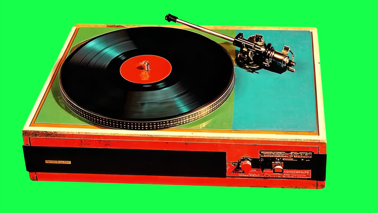 Vintage turntable animation, transparent 4K video, green screen