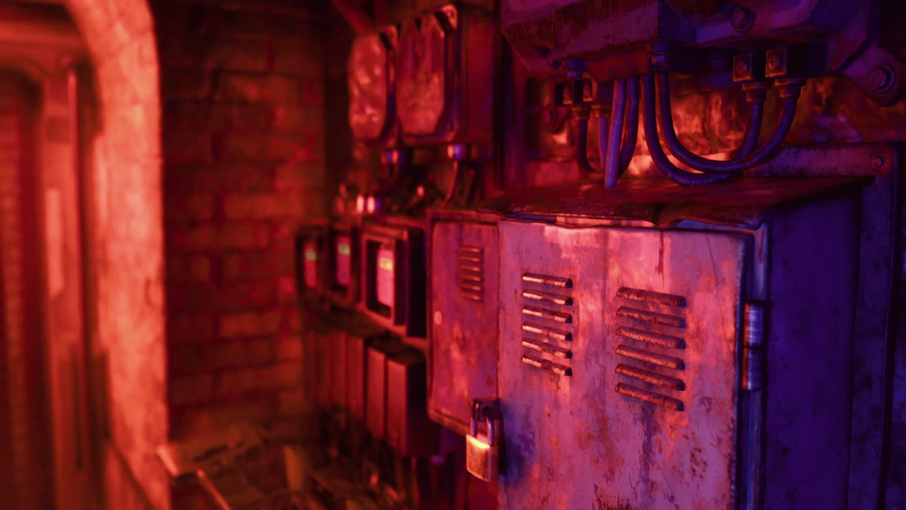 Urban alleyway with electrical panels illuminated by neon lights