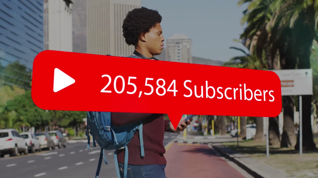 animación de iconos de los medios sobre un hombre afroamericano que usa un teléfono inteligente