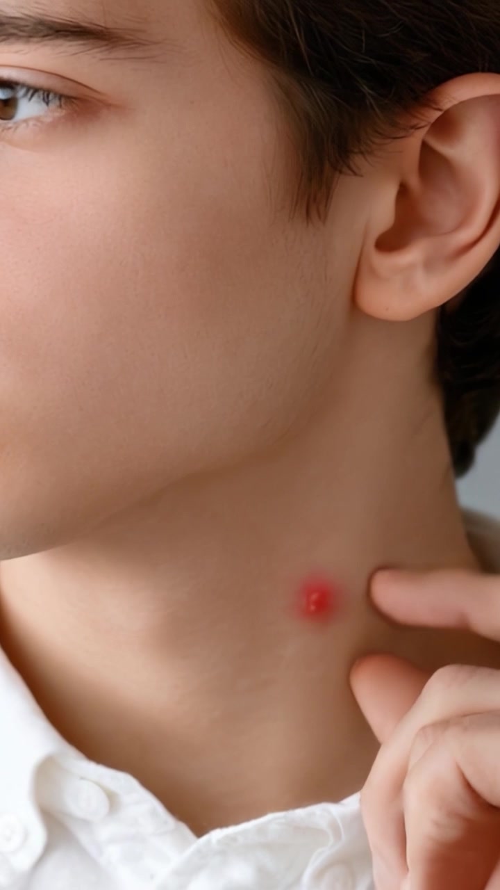 Un'esplorazione ravvicinata delle condizioni della pelle: un giovane esamina un nodulo rosso sul collo da due angolazioni diverse, evidenziando le complessità delle osservazioni dermatologiche.