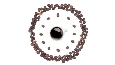 hora del café - taza de café negro y reloj de granos de café, animación de bucle sin costuras aislada sobre un fondo blanco