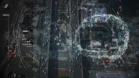 animación del cerebro humano y escaneo de alcance sobre el paisaje urbano