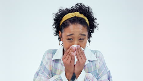 Face,-tissue-and-sick-woman-blowing-nose-in-studio