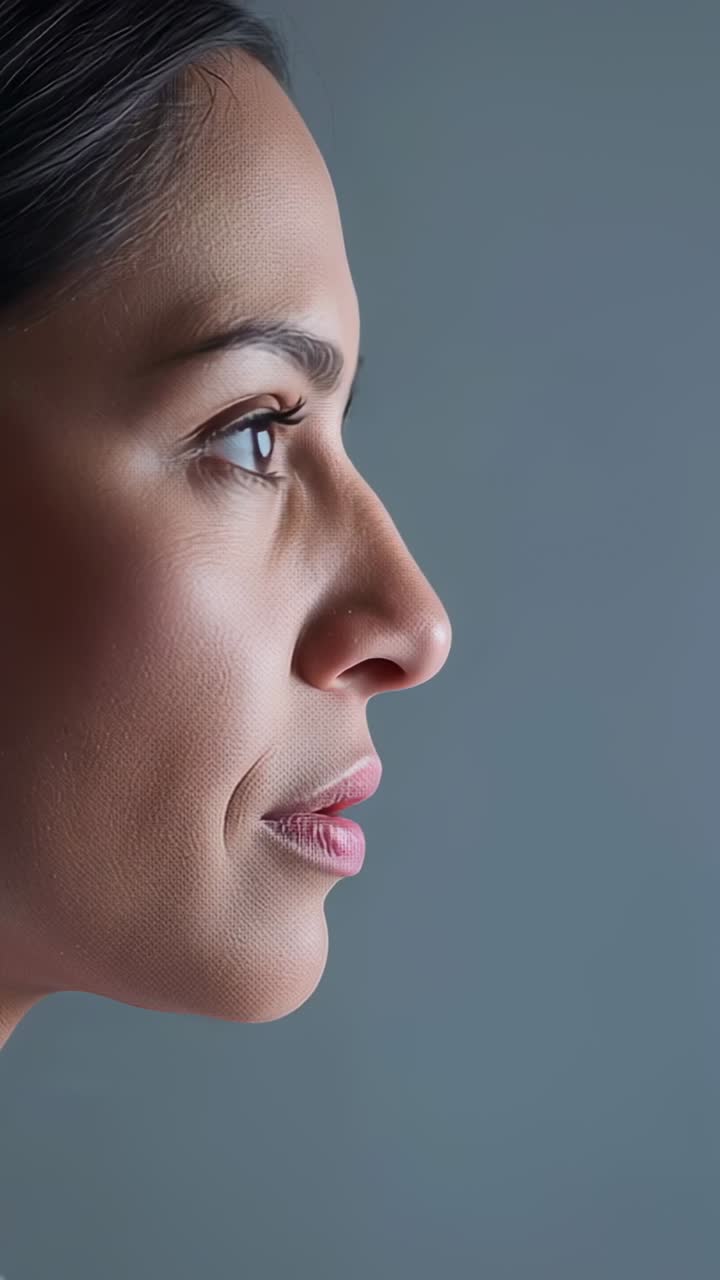 Vídeo vertical: mujer de perfil izquierdo grabando, manteniendo la mirada, cara pequeña moviéndose sobre un conjunto gris, espacio para texto