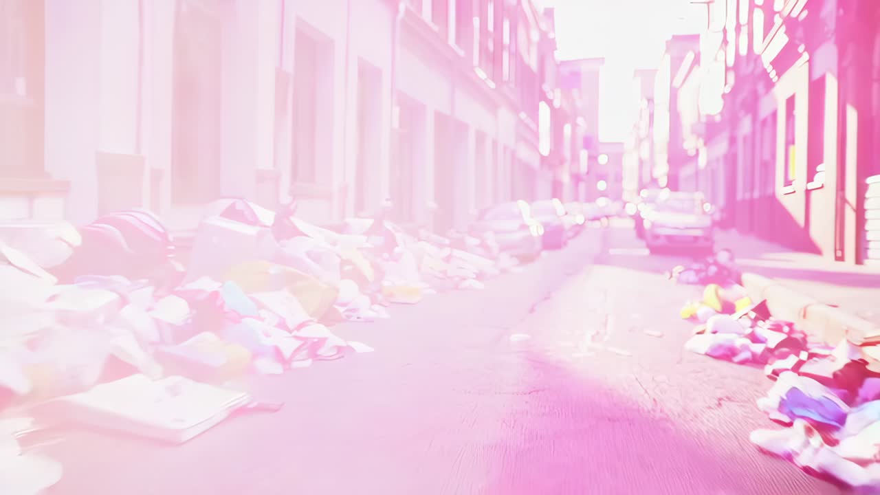 쓰레기 와 함께 해가 지는 바쁜 도시 골목