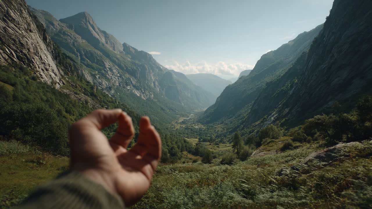 A Serene Glimpse into Nature: An Open Hand Reaching Towards a Stunning Valley Surrounded by Majestic Mountains on a Clear Day