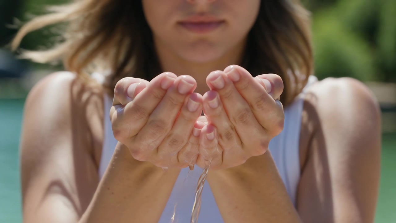 Holding woman in tank top tilting cupped hands, letting water trickle by lake, necklace