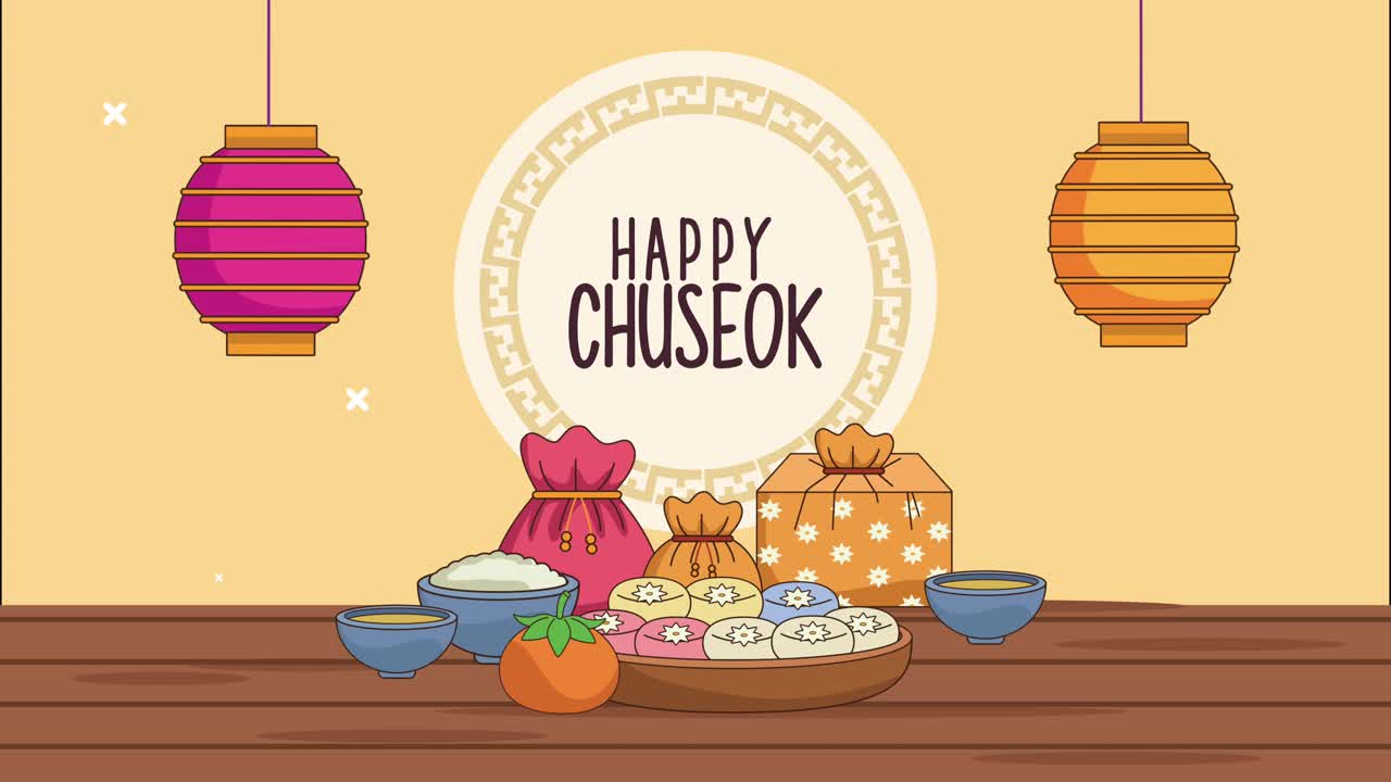 음식과 등불과 함께 원형 프레임에 happy chuseok 글자