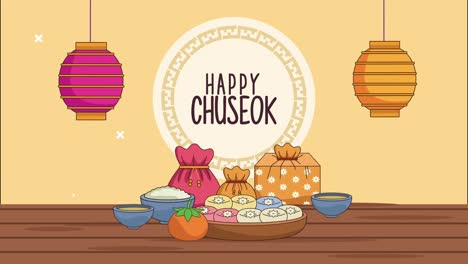 letras chuseok felices en un marco circular con comida y linternas