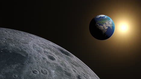 Vista-Del-Planeta-Tierra-Desde-La-Luna,-Animación-3D-De-La-Luna-Girando-Con-La-Vista-De-La-Tierra