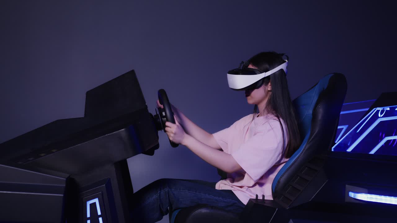 Woman using VR headset for virtual driving experience