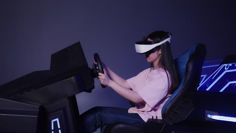 woman using vr headset for virtual driving experience