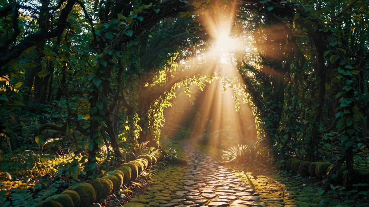 Sunlight streams through a lush, green archway in a forest, captured from a low angle