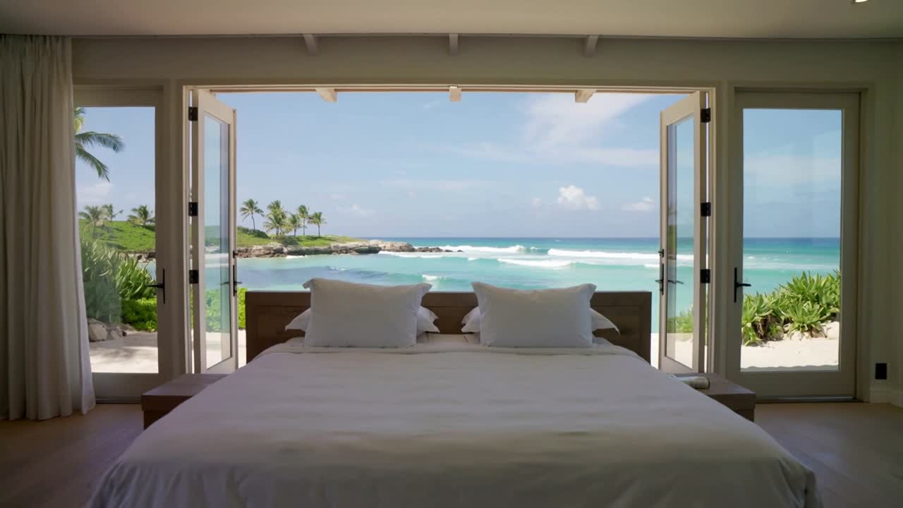 Pulling back camera revealing centered king bed in beach bedroom with folding glass doors and ocean