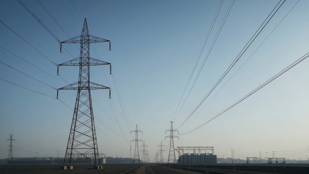 Recording starting camera capturing lattice towers and power lines at utility corridor for survey