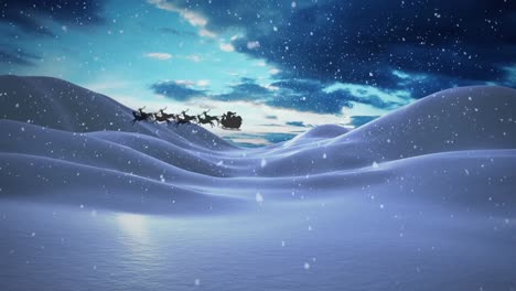 Animation-Von-Schnee,-Der-über-Den-Weihnachtsmann-Im-Schlitten-Mit-Rentieren-Und-Winterlandschaft-Fällt