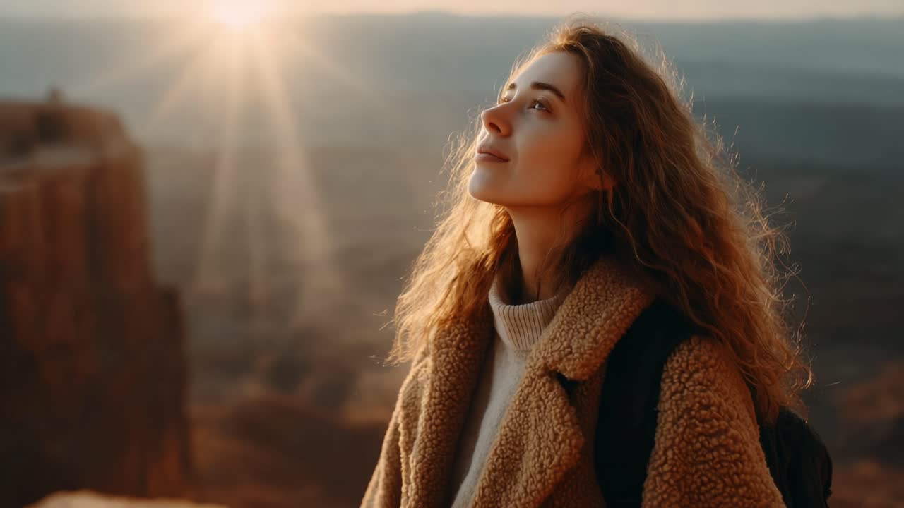 A Serene Moment of Reflection: Capturing the Beauty of Nature and Inner Peace as a Woman Gazes Upward at a Radiant Sunset Over Majestic Mountains