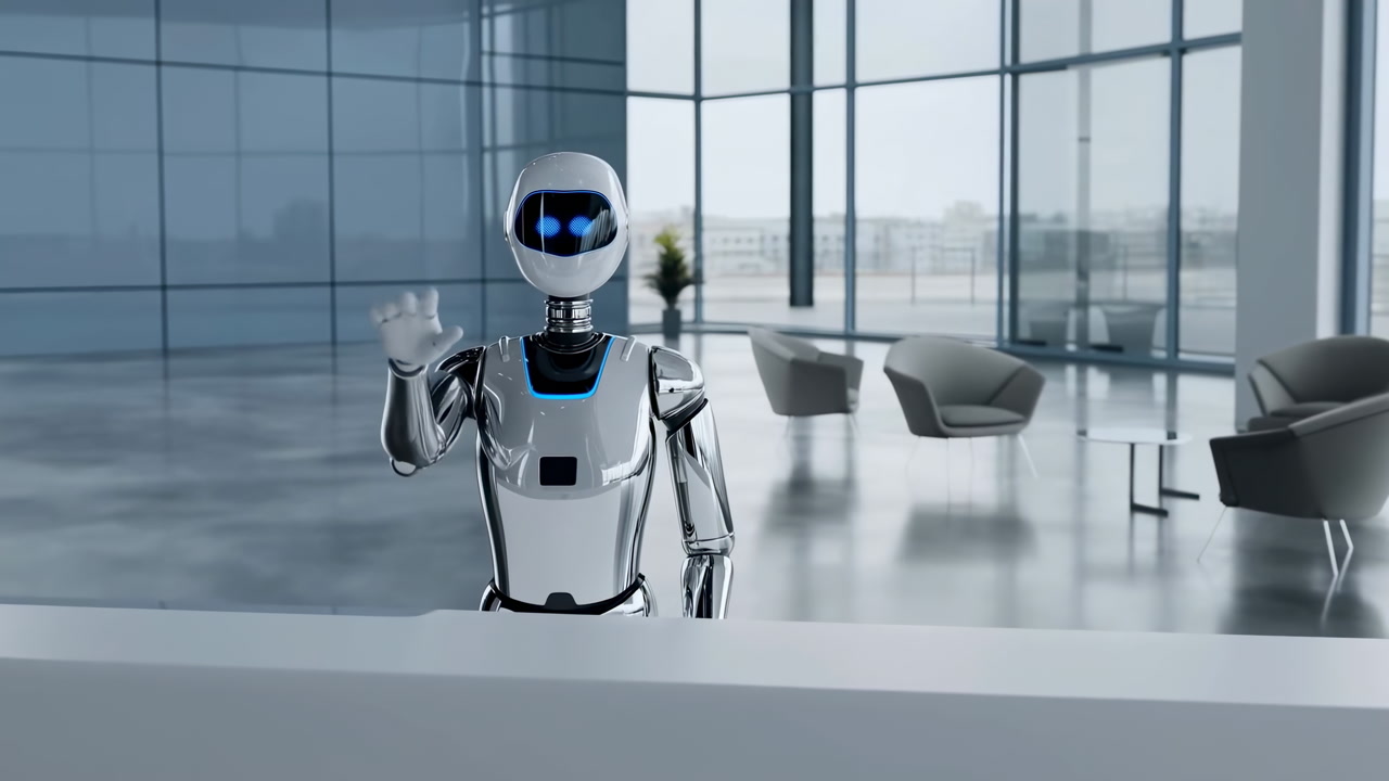 Futuristic Robot Receptionist In Modern Lobby Waving Hand With Blue Visor And Chrome Finish Open Glass