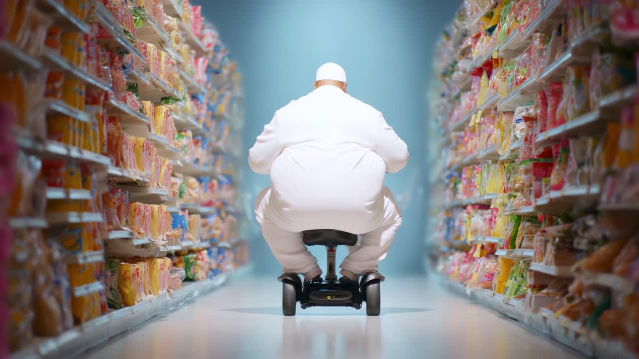 A humorous scene of an individual dressed in white riding a mobility scooter down a brightly lit aisle in a grocery store filled with colorful packaged goods on both sides
