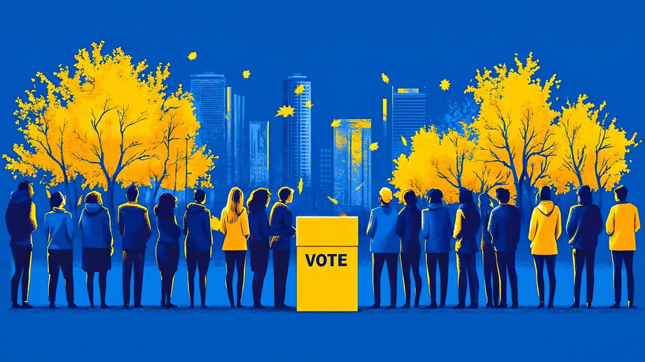 Many people standing near a vote box. People gather near a voting box in an urban area with tall buildings and trees around them