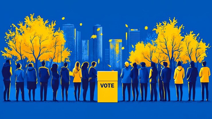 Many people standing near a vote box. People gather near a voting box in an urban area with tall buildings and trees around them