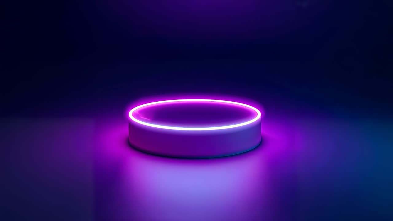 Pulsing round podium sending magenta ring shifting floor reflection showing top glow in dark studio