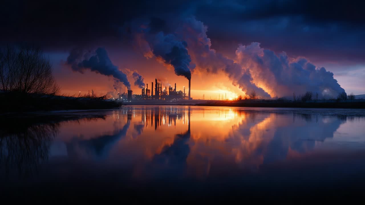 Et betagende industrielt landskab med en dramatisk solnedgang, der oplyser et kraftværk, og som viser kontrasten mellem naturens skønhed og menneskeskabt effektivitet i fantastisk reflekterende vand.