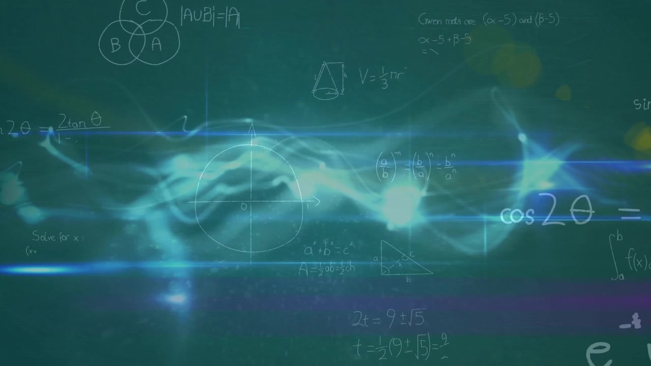 Animazione di onde, luci e formule matematiche in uno spazio blu navy.