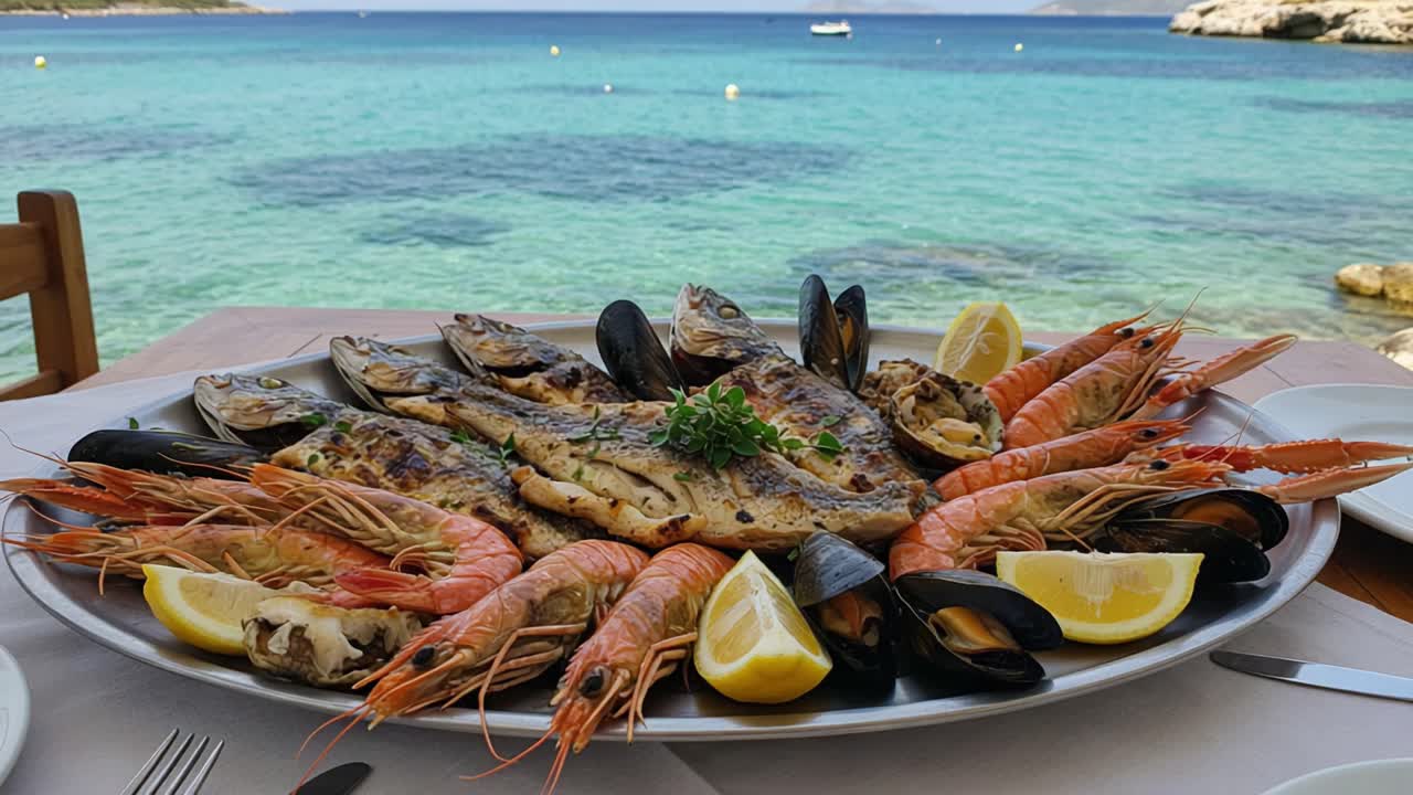 A Bountiful Seafood Platter Served Against a Stunning Coastal Backdrop Featuring Grilled Fish, Fresh Shrimp, and Juicy Mussels with Vibrant Ocean Views