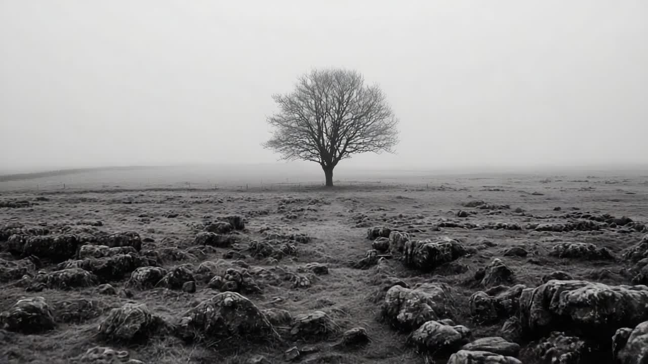 Un albero solitario si erge resiliente in mezzo a un paesaggio roccioso avvolto nella nebbia, creando una scena di bellezza inquietante di isolamento e tranquillità