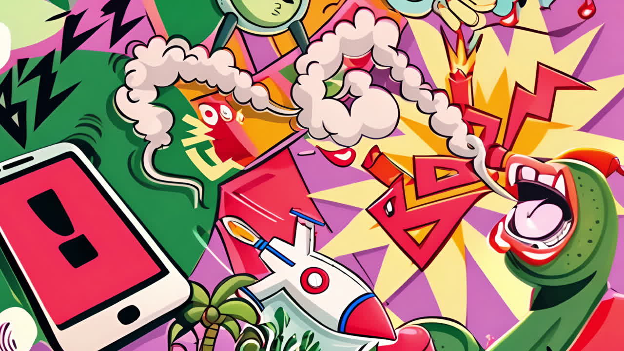 로켓, 스마트폰, 구름과 함께 다채로운 추상적인 모양과 물체 애니메이션