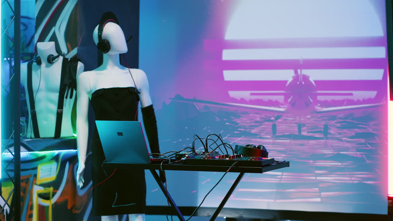 Display with mannequin, laptop, and DJ equipment in front of a screen with an airplane and synthwave visuals