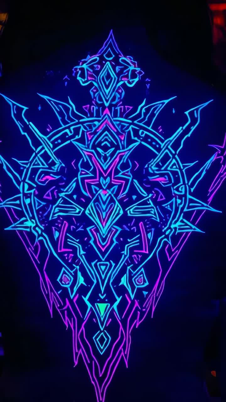 Vertical video: Lighting up neon geometric emblem pulsing on dark screen, with blue magenta lines