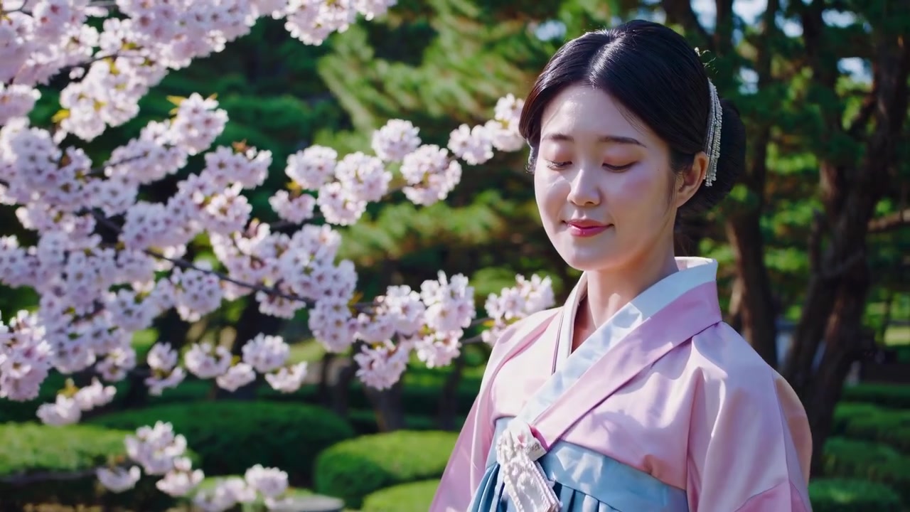 Giovane donna in tradizionale Hanbok coreano in piedi accanto a un ciliegio in fiore
