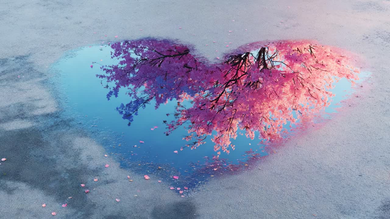 A Stunning Heart-Shaped Reflection: Vibrant Cherry Blossoms Mirror in Puddle Highlights Nature's Beauty in an Artistic Display of Colors and Shapes Amidst a Tranquil Scene