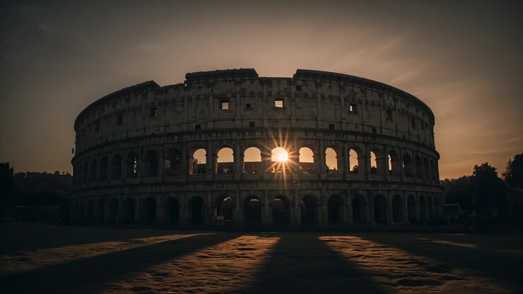 Showing arena while sun sliding behind central arch at Rome plaza, creating starburst and shadows
