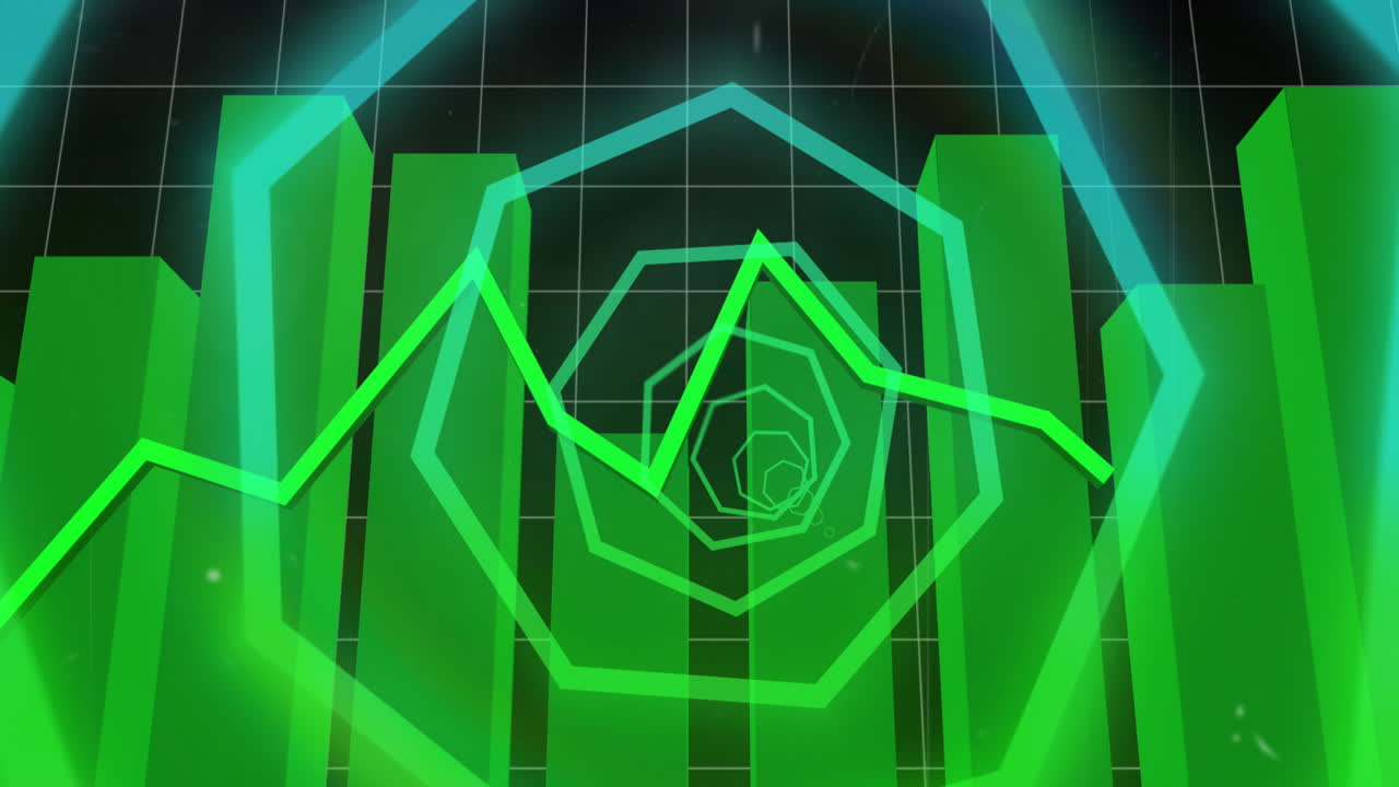 검은색 배경의 금융 데이터 위에 회전하는 네온 모양의 애니메이션