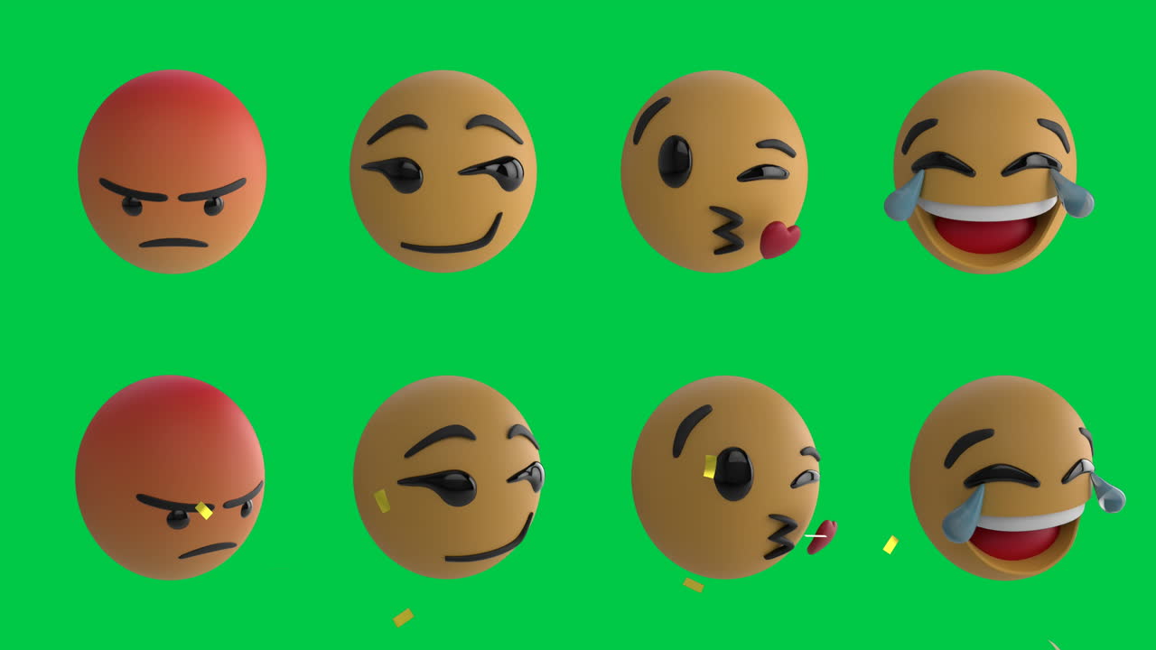 animación de iconos de emojis sobre confeti que caen sobre un fondo verde