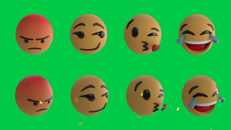 animación de iconos de emojis sobre confeti que caen sobre un fondo verde