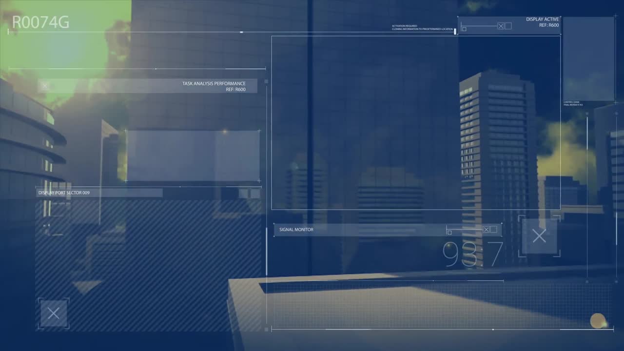 都市風景上のデータ処理のアニメーション